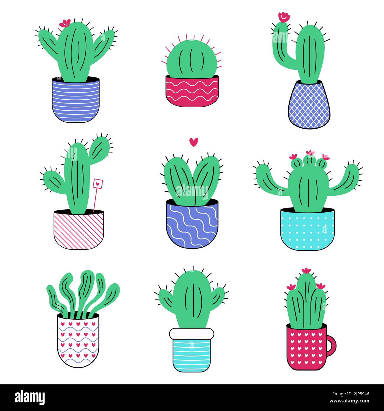 Carino cactus doodle set. Cartone animato nove diversi cactus in pentole su uno sfondo bianco. Grafica vettoriale di tendenza in stile piatto. Illustrazione Vettoriale