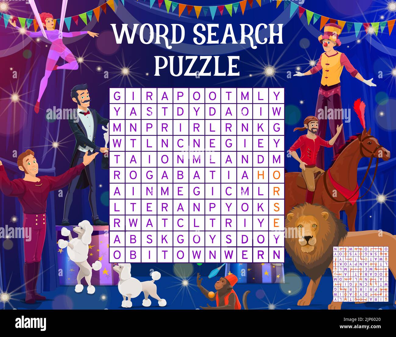 Cartoon shapito circo acrobati e animali, ricerca parola puzzle gioco, vettore foglio di lavoro. Giochi di griglia quiz o istruzione indovinello per cercare parola di circo clown, mago illusionist e ginnastica acrobat Illustrazione Vettoriale