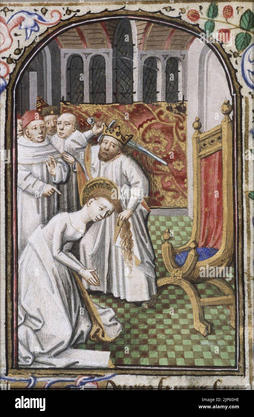 Il martirio di Santa Barbara - è decapitata da suo padre Dioscuros - Libro d'ore Simon de Varie - KB 74 G37a - 019v min Foto Stock
