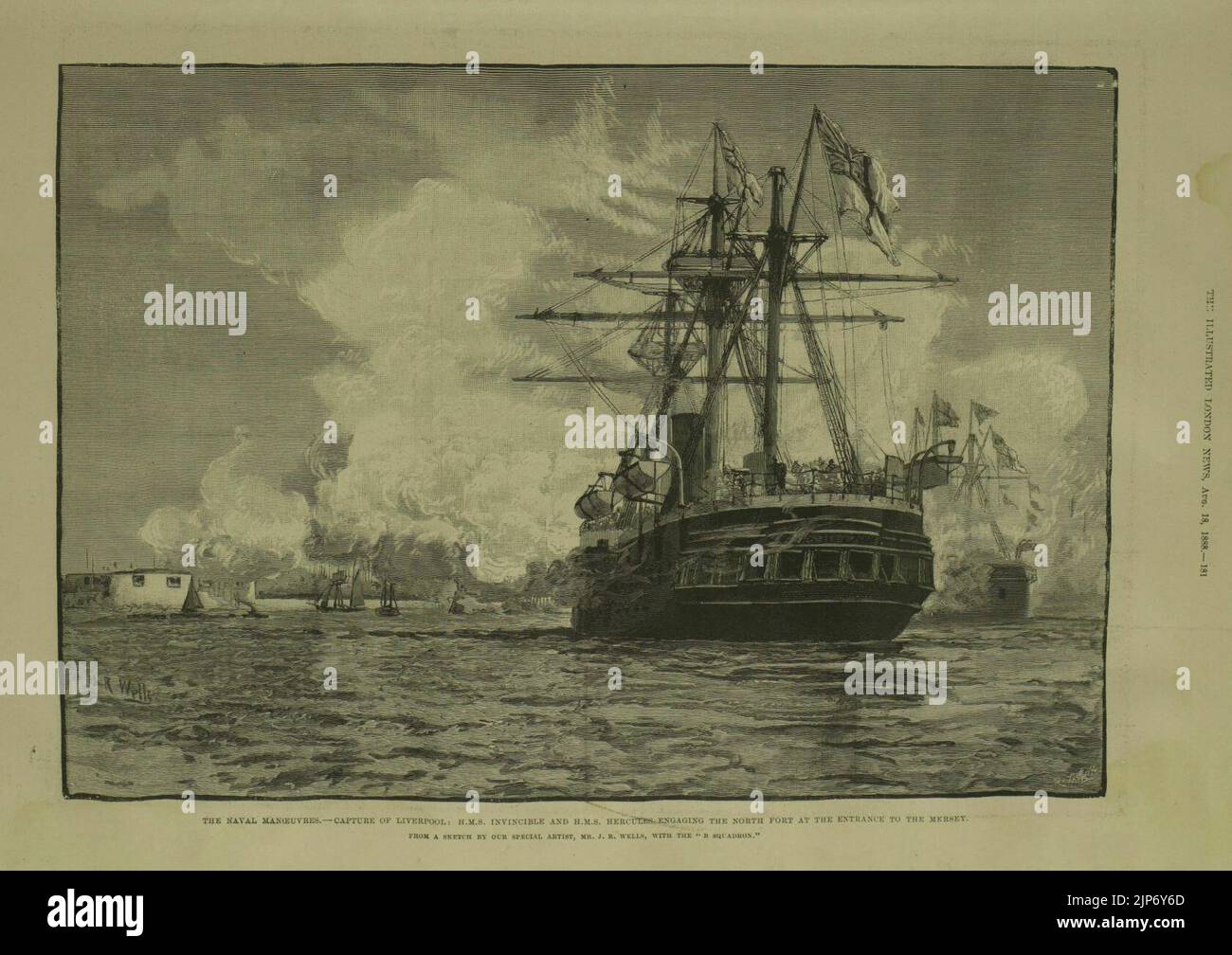 Le Manoeuvres Navali, la cattura di Liverpool, HMS Invincible e HMS Hercules che coinvolgono il Forte Nord all'entrata della Mersey - ILN 1888 Foto Stock