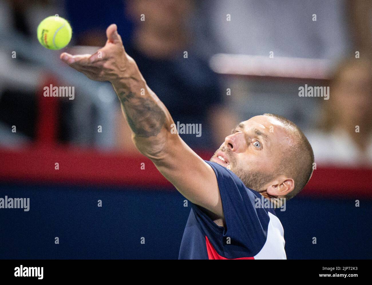 Daniel Evans di Gran Bretagna ha servito durante la sua semifinale al National Bank Open allo Stade IGA il 13 agosto 2022 a Montreal, Canada. (Foto di Mathieu Belanger/AFLO) Foto Stock