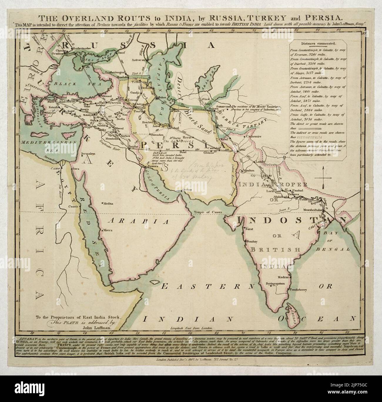 Le rotte terrestri (sic) verso l'India, dalla Russia, dalla Turchia e dalla Persia. Foto Stock