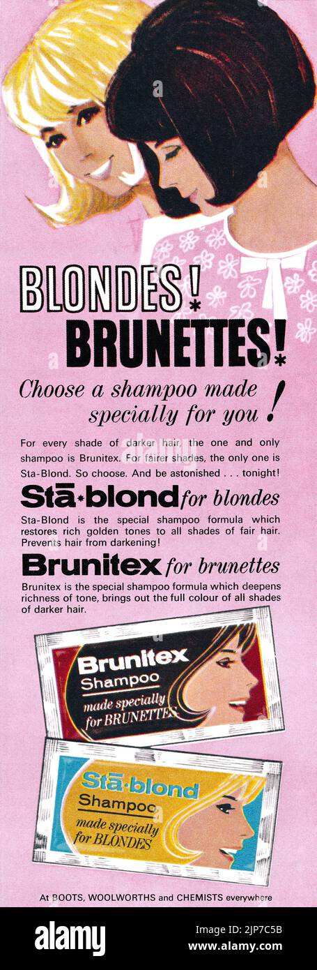 1965 pubblicità britannica per gli shampoo sta-Blond e Brunitex. Foto Stock