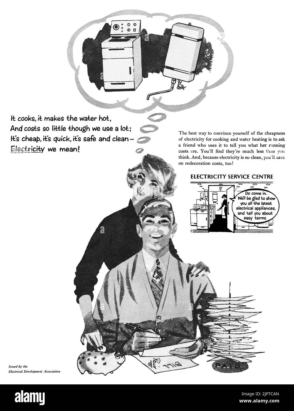 1950s Pubblicità britannica della Electrical Development Association che promuove il disordine dell'elettricità in casa. Foto Stock