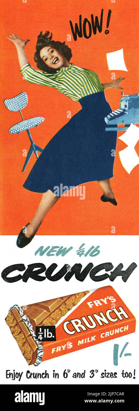1950s pubblicità britannica per la barra di cioccolato Crunch del Fry. Foto Stock