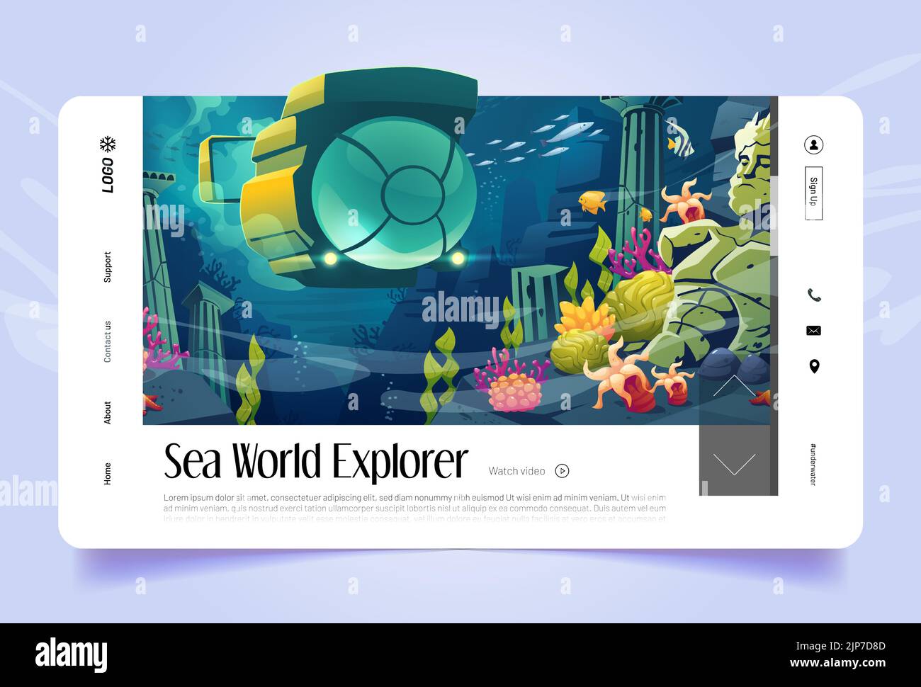 Pagina di destinazione dei cartoni animati di Sea World explorer. Paesaggio subacqueo con sottomarino, sculture sommerse, pesci, coralli, piante marine e animali. Scena tropicale oceano fondo con bathyscaphe Vector banner web Illustrazione Vettoriale Pagina di destinazione dei cartoni animati di Sea World explorer. Paesaggio subacqueo con sottomarino, sculture sommerse, pesci, coralli, piante marine e animali. Scena tropicale oceano fondo con bathyscaphe Vector banner web Illustrazione Vettoriale