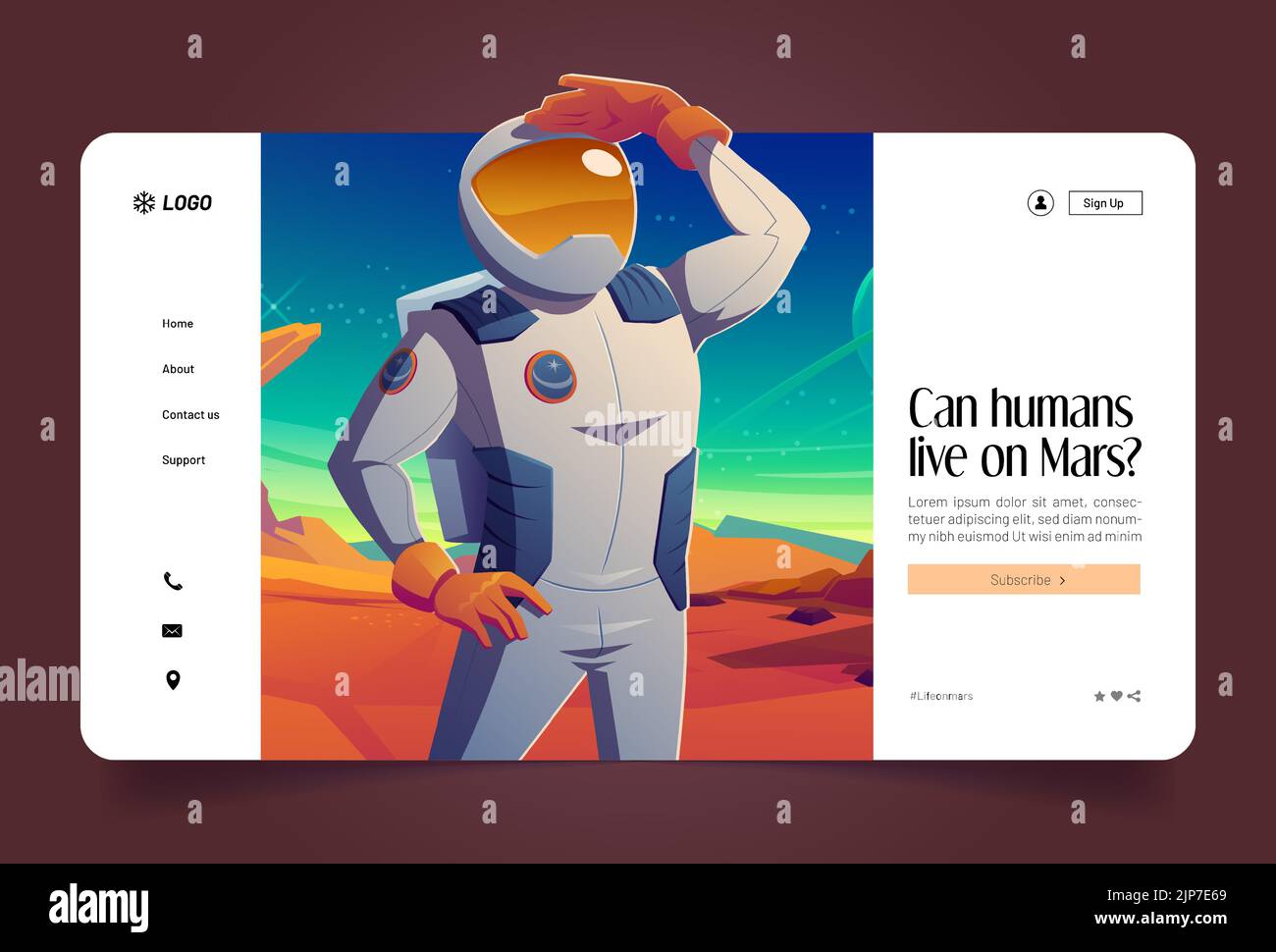 Mars colonizzazione, spazio esplorare missione cartoon landing page. Astronauta guardare lontano sul pianeta alieno. Cosmonaut in tuta sul paesaggio extraterrestre, gli esseri umani indagano sulla galassia. Banner Web vettoriale Illustrazione Vettoriale