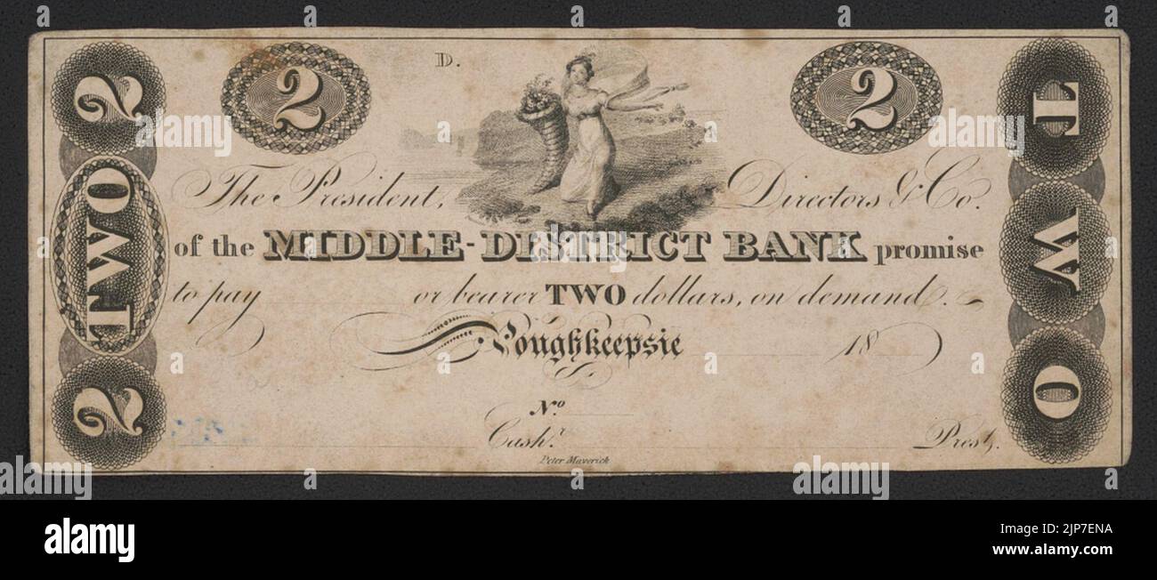 Il presidente, i direttori, & co. Della Banca di Medio-Distretto promettono di pagare (in bianco) o al portatore due dollari, su richiesta. Poughkeepsie - Peter Maverick. Foto Stock