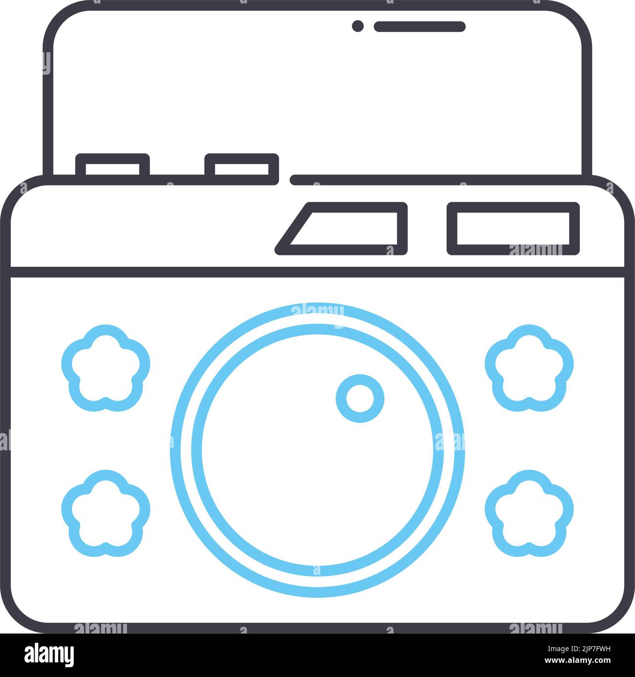 icona linea telecamera avventura, simbolo di contorno, illustrazione vettoriale, segnale concettuale Illustrazione Vettoriale
