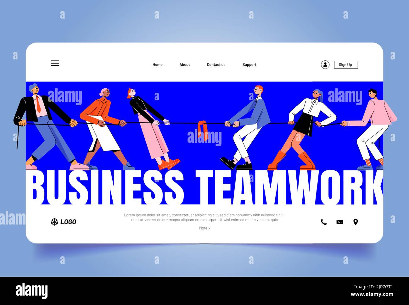 Business banner lavoro di squadra con persone dipendenti tirare corda in tiro di guerra concorrenza. Pagina di destinazione vettoriale con illustrazione piatta di due squadre di lavoratori giocare a tiro corda gioco Illustrazione Vettoriale