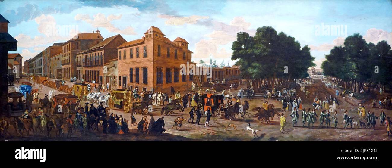 Il Carrera de San Jerónimo, Paseo del Prado e una processione di carrozze (1686) del pittore fiammingo Jan Van Kessel (1654-1708) Foto Stock