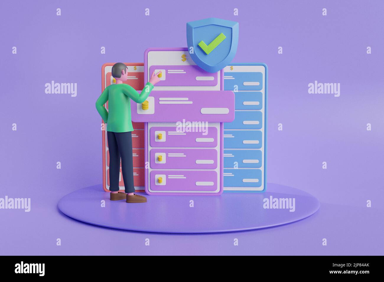 App di sicurezza mobile sullo schermo dello smartphone.3D sistema di sicurezza di rendering.app di sicurezza mobile sullo schermo dello smartphone. Protezione dei dati. Foto Stock