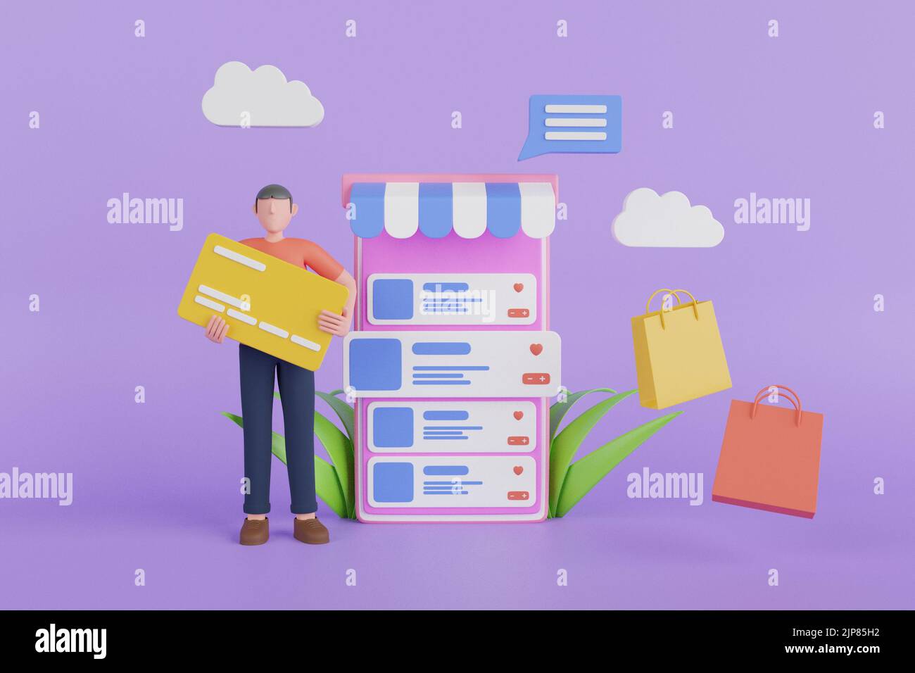 Carrello 3D render.Mobile shopping concept 3D Illustration.Digital marketing concept, Shopping Online su applicazione mobile, Web banner backgroun Foto Stock