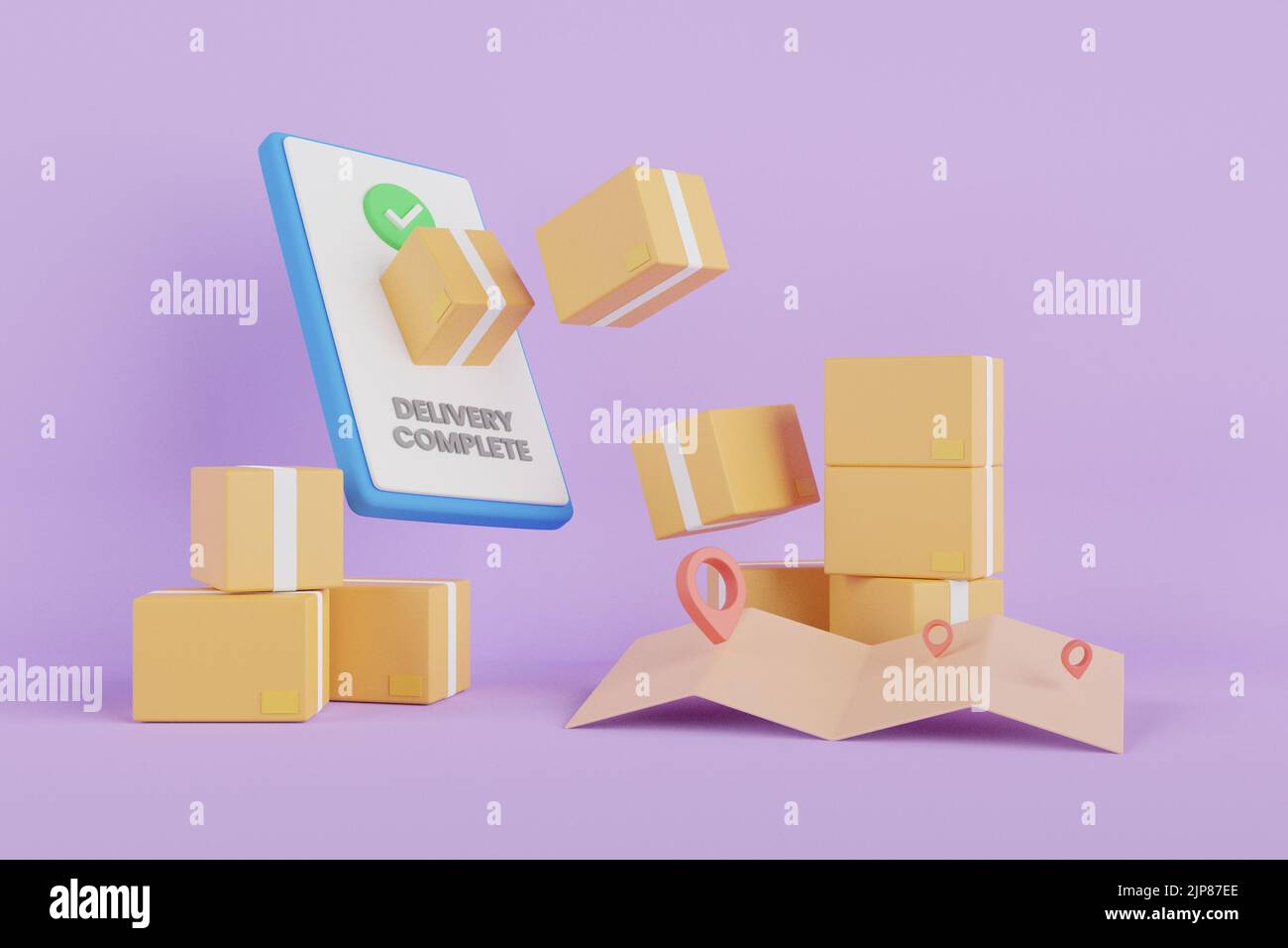 Concetto di e-commerce, servizio di consegna su applicazione mobile. 3D concetto di servizio applicativo logistico. rendering 3d. Foto Stock