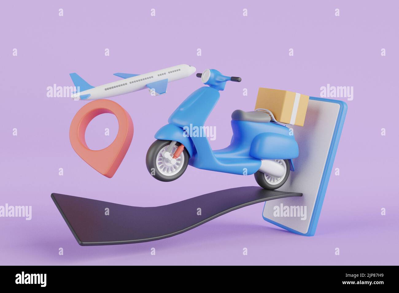 3D Servizio di consegna e scatola di cartone con segnaposto rosso, logistica globale. Aereo e camion con scatole di cartone. rendering 3d. Foto Stock