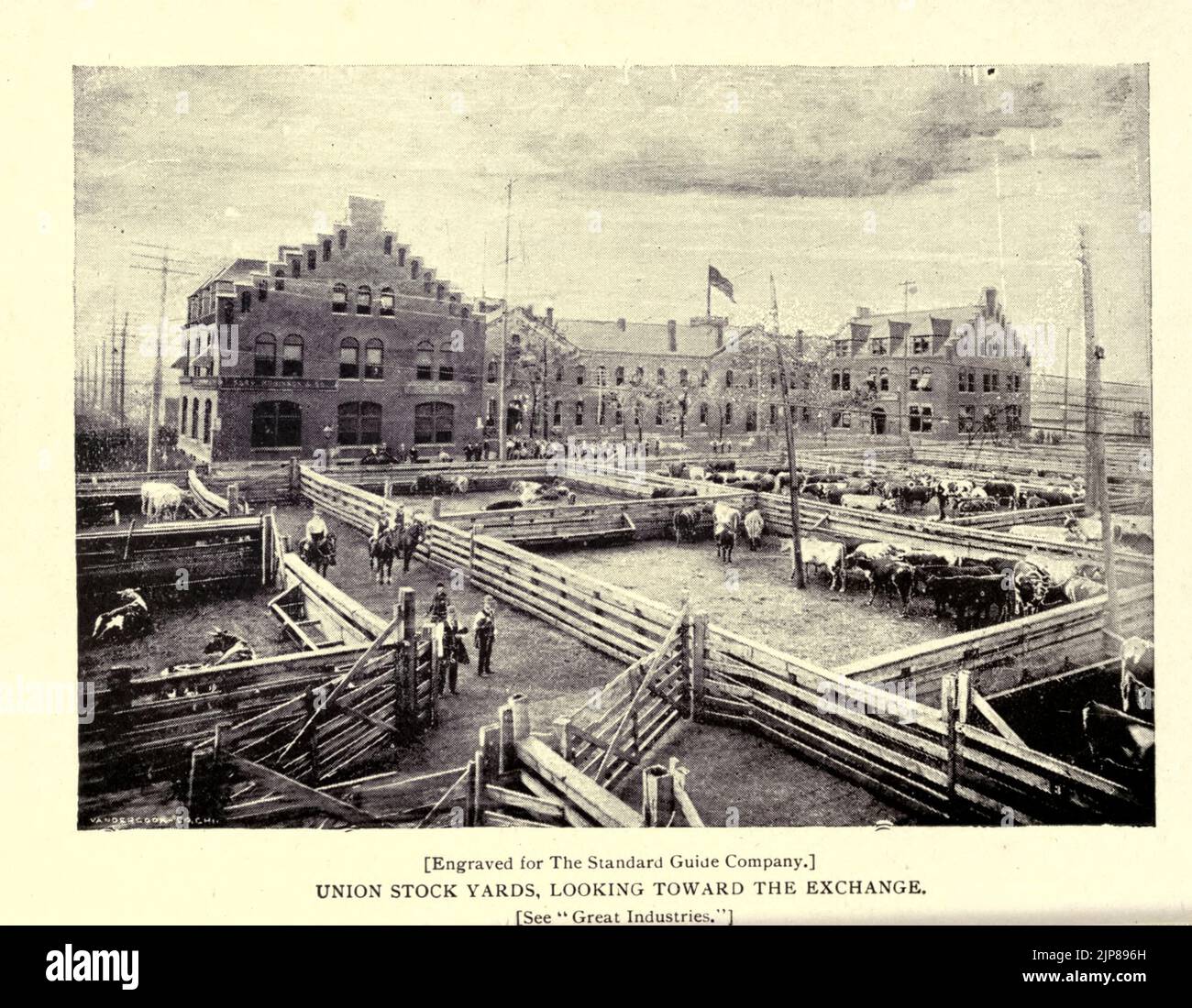 Union Stock Yards, guardando verso lo Scambio dal libro Chicago, la meravigliosa città dell'ovest : una storia, un'enciclopedia e una guida : 1893 : illustrato da John Joseph Flinn, editore Chicago : Flinn & Sheppard Foto Stock