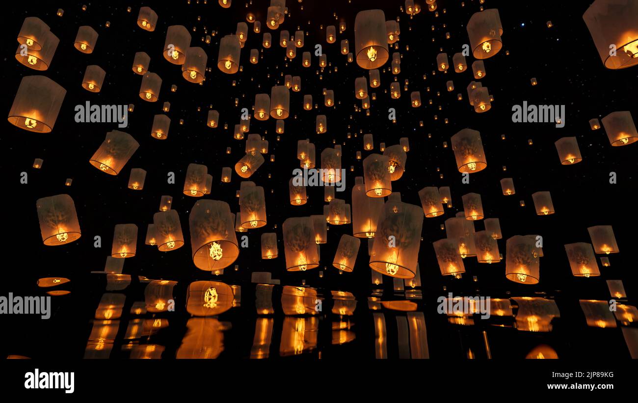 Un gruppo di bella lanterna sul cielo scuro di notte. Loy Krathong Festival, Yi Peng Festival in Thailandia, sfondo lanterna volante cinese. 3d Foto Stock