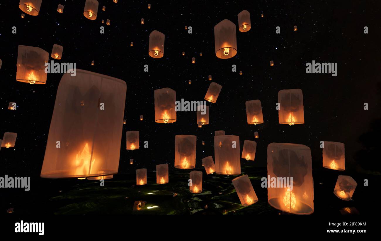 Un gruppo di belle lanterne nel cielo scuro di notte. Festival di Loy Krathong, Festival di Yi Peng in Thailandia, lanterna volante cinese, Memorial Day. Foto Stock