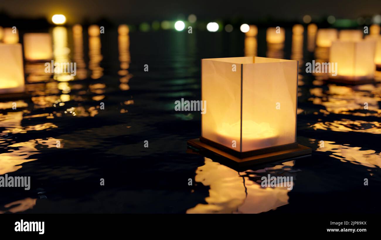 Una lanterna che galleggia sul lago di notte. Loy Krathong Festival, lanterne galleggianti di carta cinese, Memorial Day Lantern Festival. Primo piano. 3d ren Foto Stock