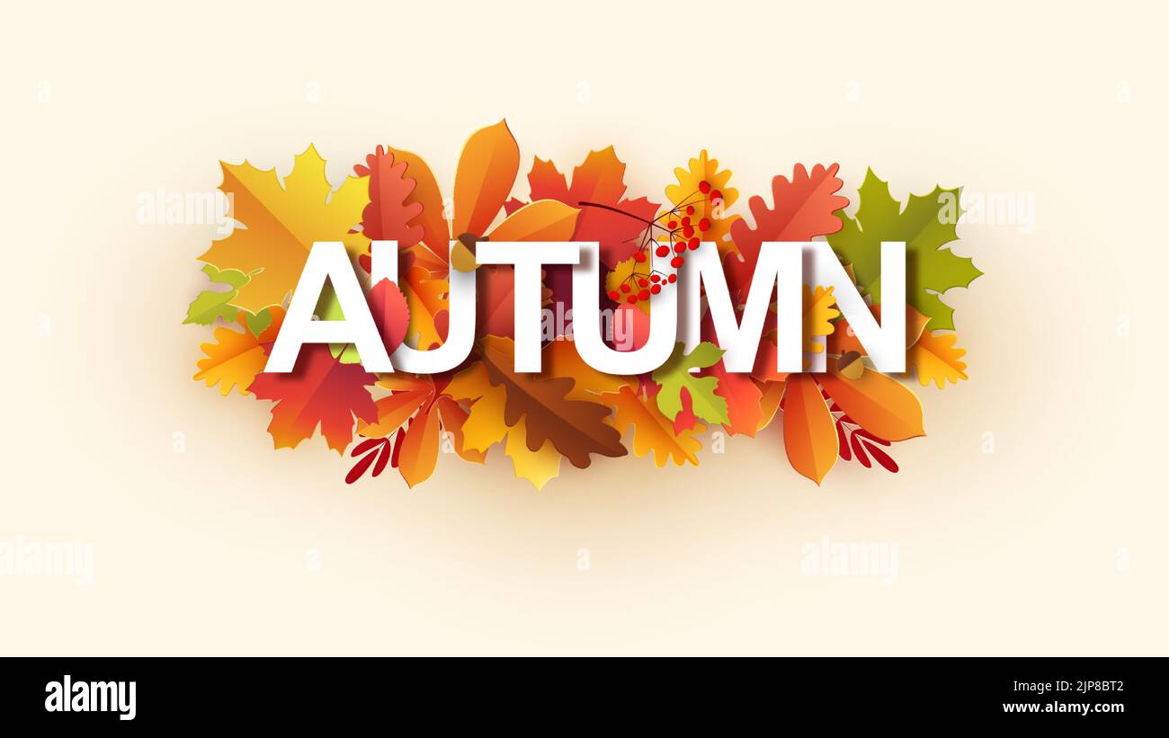 Ciao, autunno. Autunno con scritta con foglie di giallo autunno, arancio. Modello per la progettazione di banner, poster, pubblicità, cartoline, vendite. Vettore Illustrazione Vettoriale