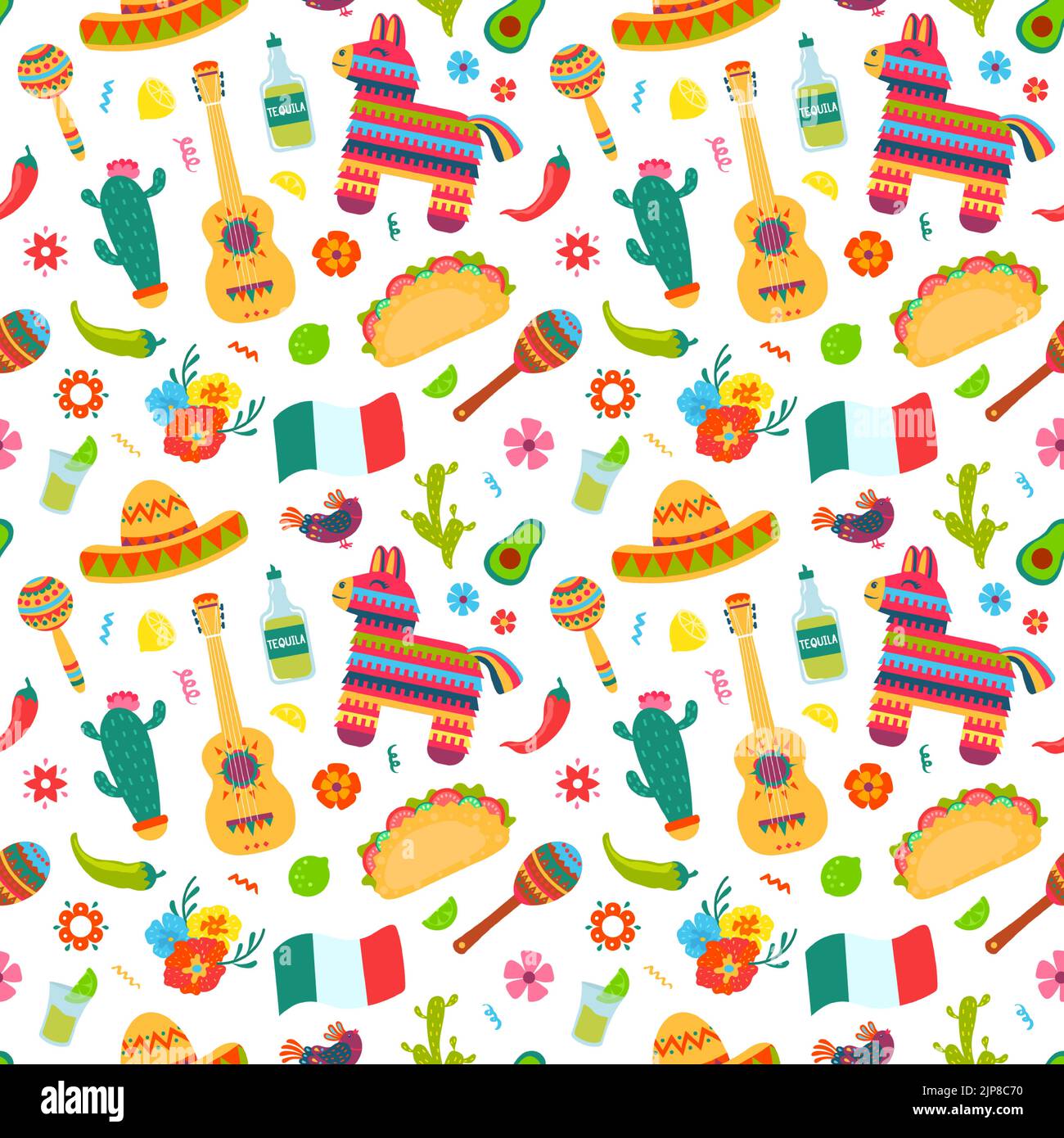 Elementi messicani modello senza cuciture. Sombrero, chitarra e cactus, tequila e peperoncino cultura americana tradizionale simboli struttura vettoriale. Festa con simboli messicani tradizionali Illustrazione Vettoriale