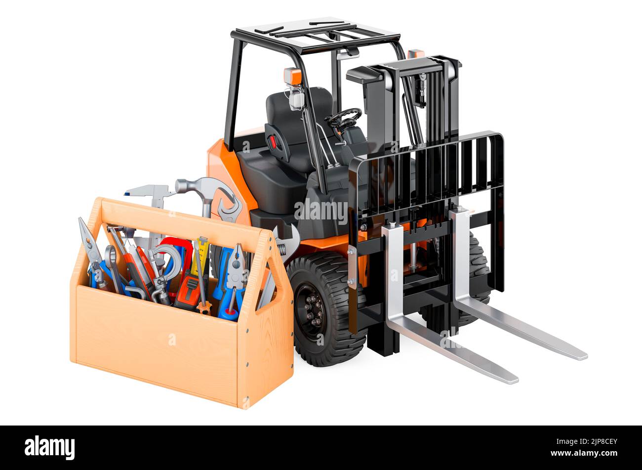 Carrello elevatore a forche con cassetta degli attrezzi. Assistenza e riparazione carrelli elevatori, 3D resa isolata su sfondo bianco Foto Stock