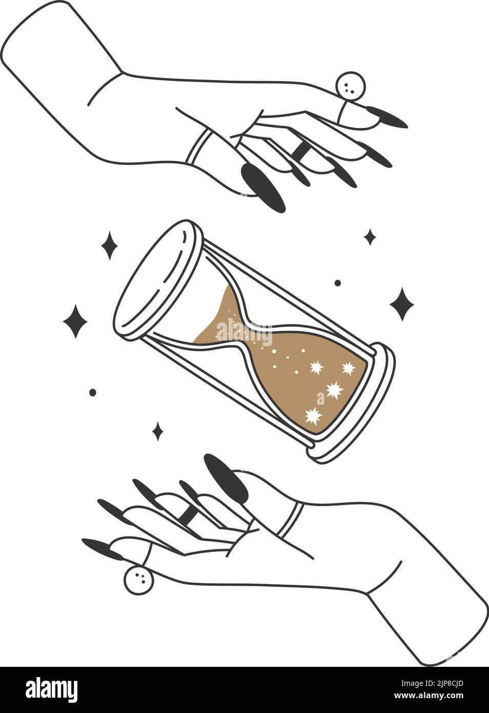 Mani di strega mistica con clessidra. Carta tarocchi boho witchcraft. Simbolo astrologico esoterico per il tatuaggio bohémien. Braccia femminili con anelli che sorreggono la vetrata con le stelle. Vettore orologio sacro Illustrazione Vettoriale
