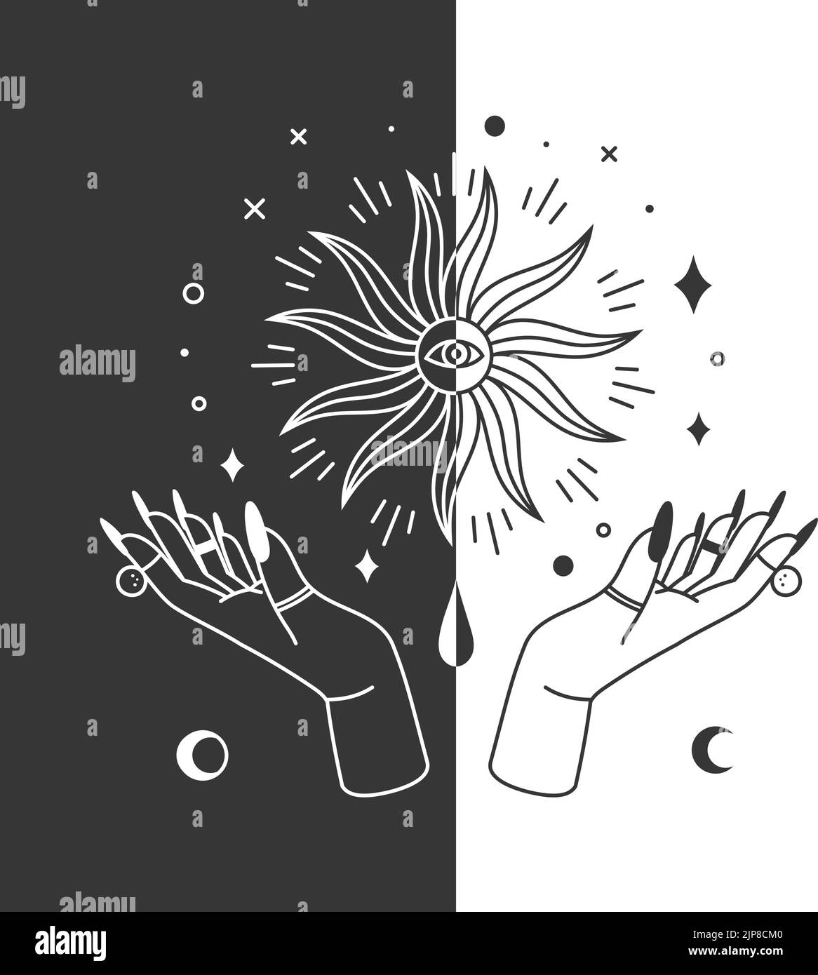 Le mani di strega mistica con la carta tar di Boho witchcraft di Sun. Rituale spirituale giorno e notte. Simboli occulti o sacri, braccia femminili con mistero brillante talismano disegno vettoriale tatuaggio Illustrazione Vettoriale