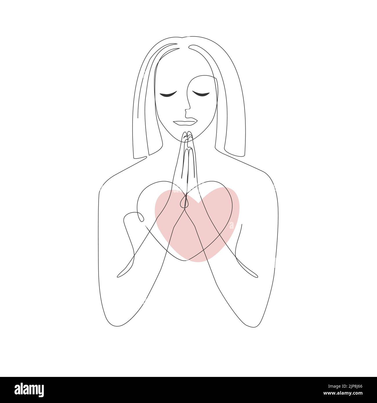 Praiyng donna. Disegno a linea continua della preghiera con cuore spezzato, illustrazione vettoriale. Illustrazione Vettoriale