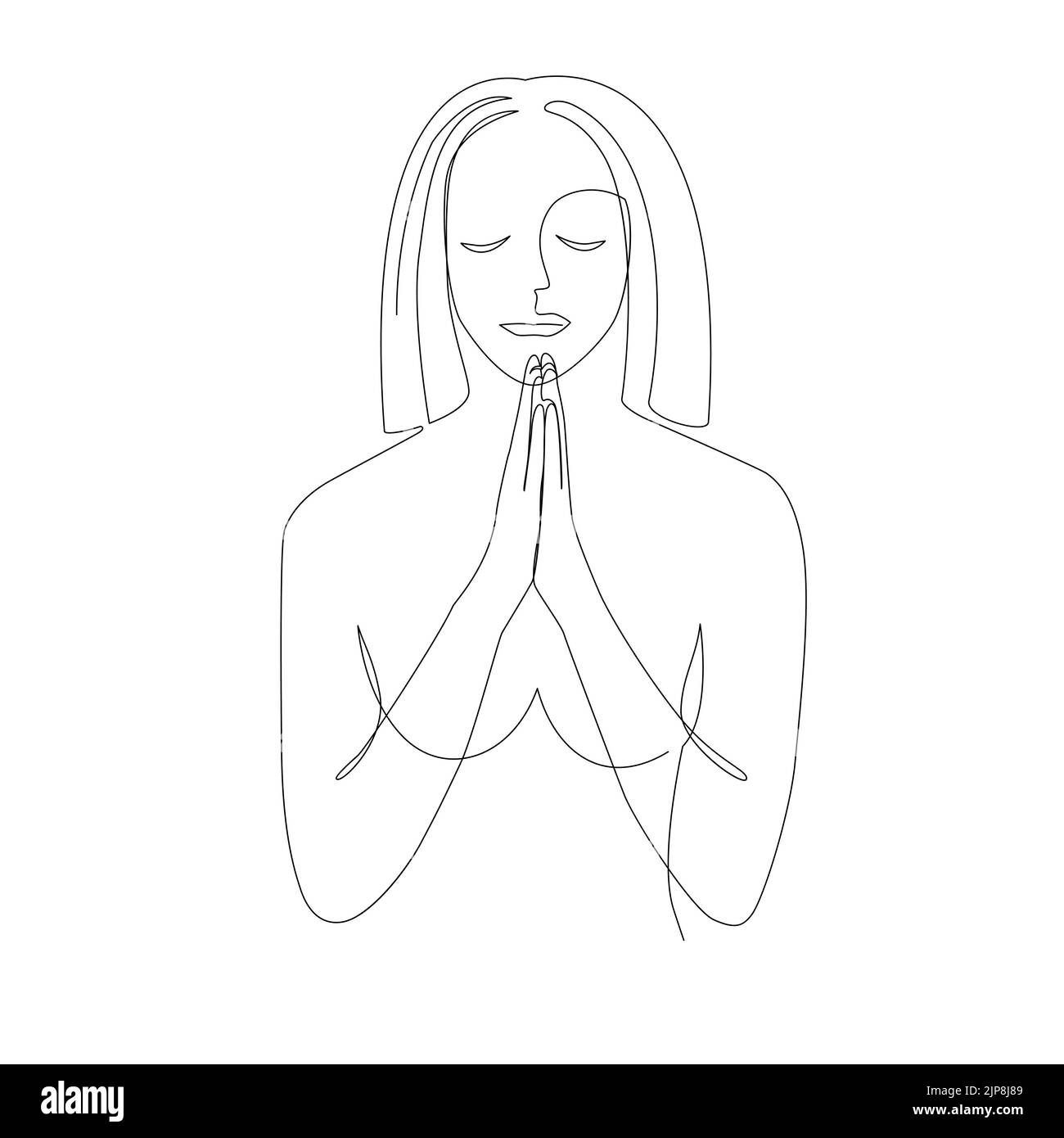 Praiyng donna. Disegno a linea continua della preghiera con cuore spezzato, illustrazione vettoriale Illustrazione Vettoriale