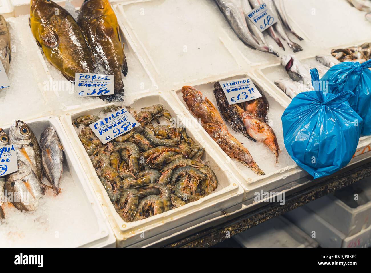 Pesce appena pescato e crostacei esposti sul ghiaccio. Mercato del pesce. Concetto di cucina Mediterranea. Due sacchetti di plastica blu nell'angolo. Foto di alta qualità Foto Stock