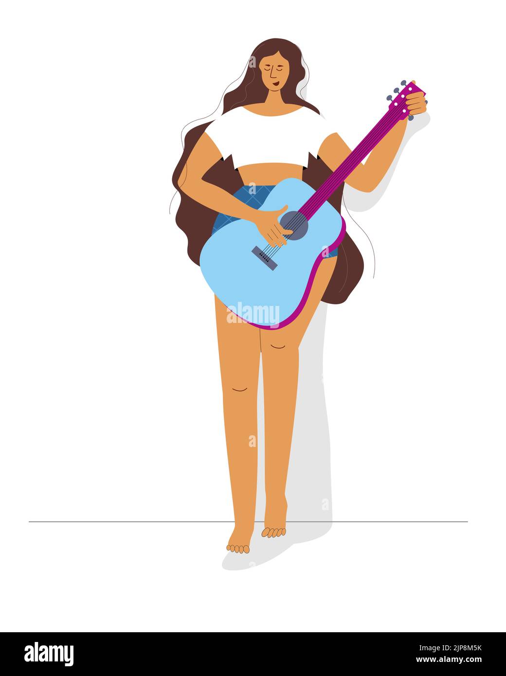 Giovane donna in estate vestito suonando chitarra classica in piedi vicino al muro. Cartoon elegante design vettoriale caratteri Illustrazione Vettoriale