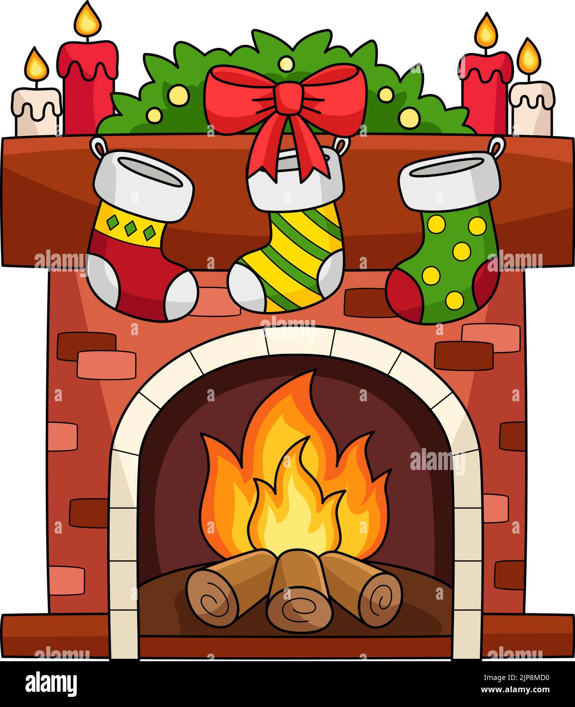 Caminetto di Natale con Cartoon Clipart Illustrazione Vettoriale