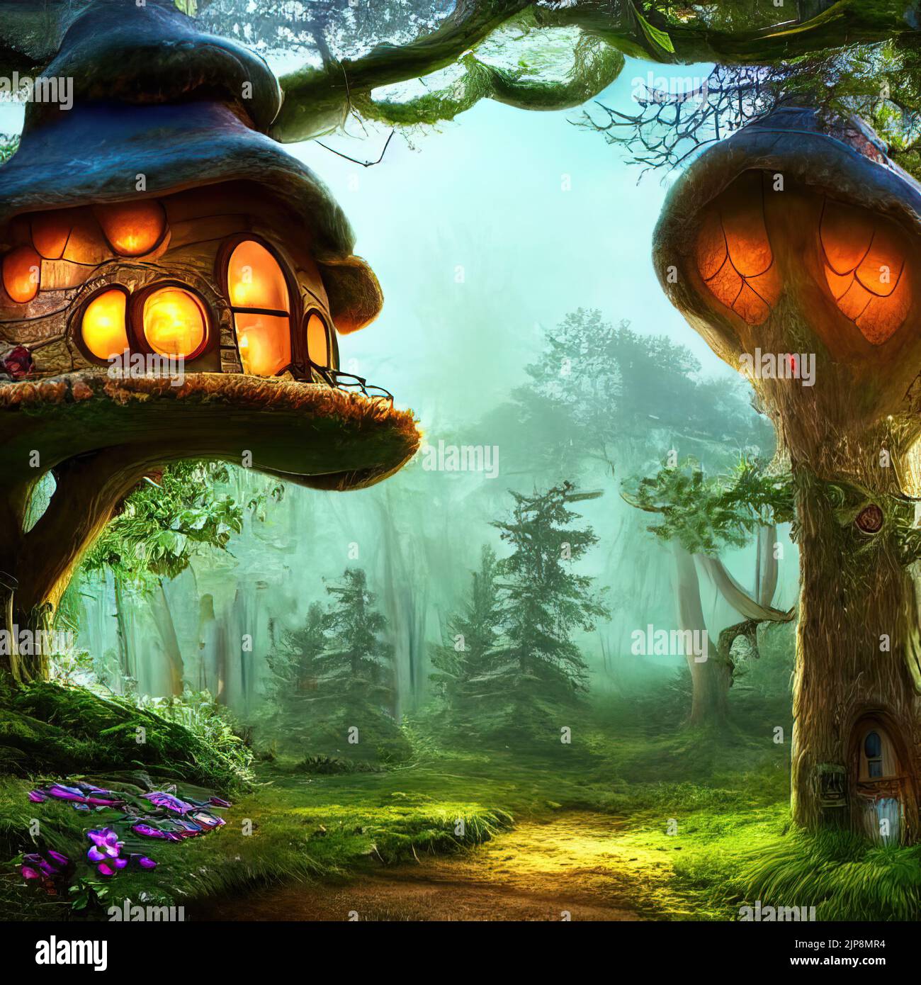 3d rendering di casette fantasy funghi in foresta magica Foto Stock