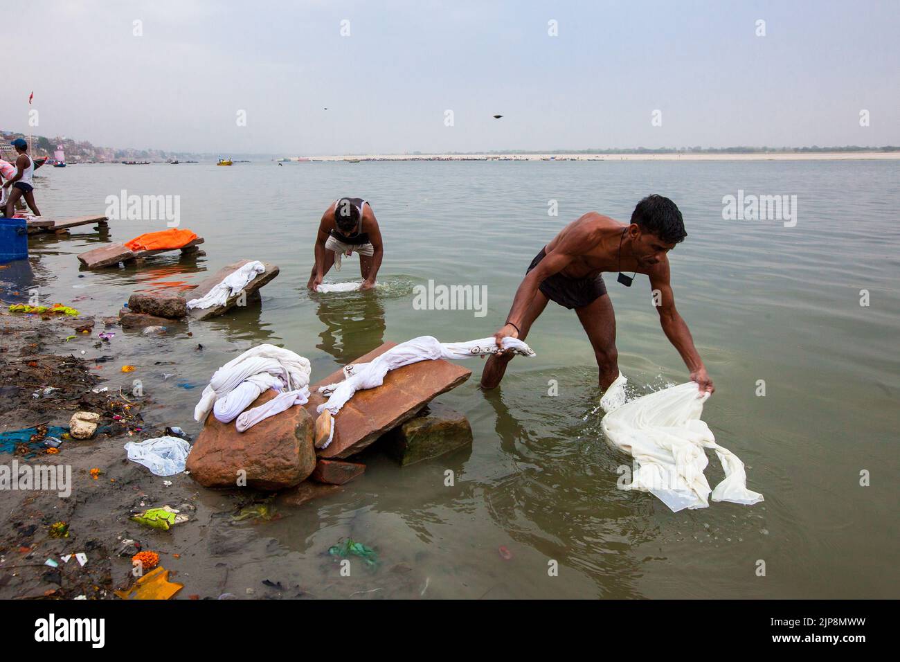 Uomo che lava vestiti in Ganga River Ganges, Varanasi, Banaras, Benaras, Kashi, Utttar Pradesh, India Foto Stock