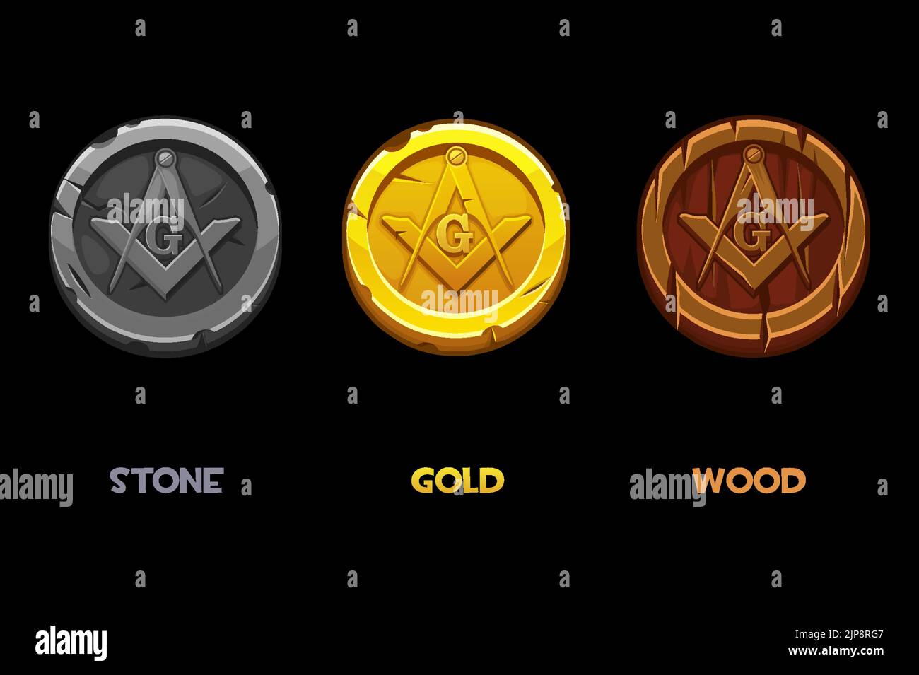 Imposta le monete Masonic con il quadrato masonic e il simbolo della bussola. Vettore simbolo massonico, società sacra. Vecchie monete in legno, pietra e oro Illustrazione Vettoriale