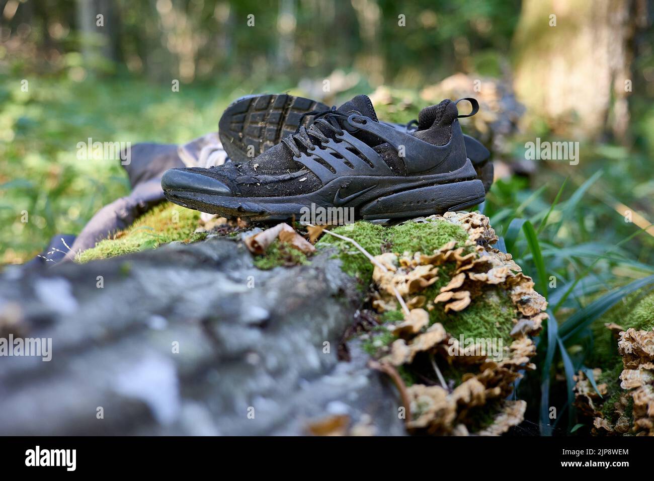 Puszcza Bialowieska, Polonia. 16th ago, 2022. Indossato abiti abbandonati da Said, rifugiato dal Congo (RDC) che è stato vagare nei boschi per 4 giorni evitando pattuglie di frontiera polacche. Dopo aver ricevuto nuovi vestiti, cibo dagli attivisti di Fundacja Ocalenie (ONG che sostiene gli immigrati) sta tornando in strada per la zona con un segnale mobile per chiamare sorella in Germania per organizzare l'ultima tappa di questo viaggio di rifugiati. Egli nasconde ancora di eludere le autorità e di fare forti spinte verso la Bielorussia. Le ONG lavorano nelle foreste di confine in condizioni molto difficili, ma anche in una situazione giuridica difficile. Forniscono cibo, assistenza medica Foto Stock