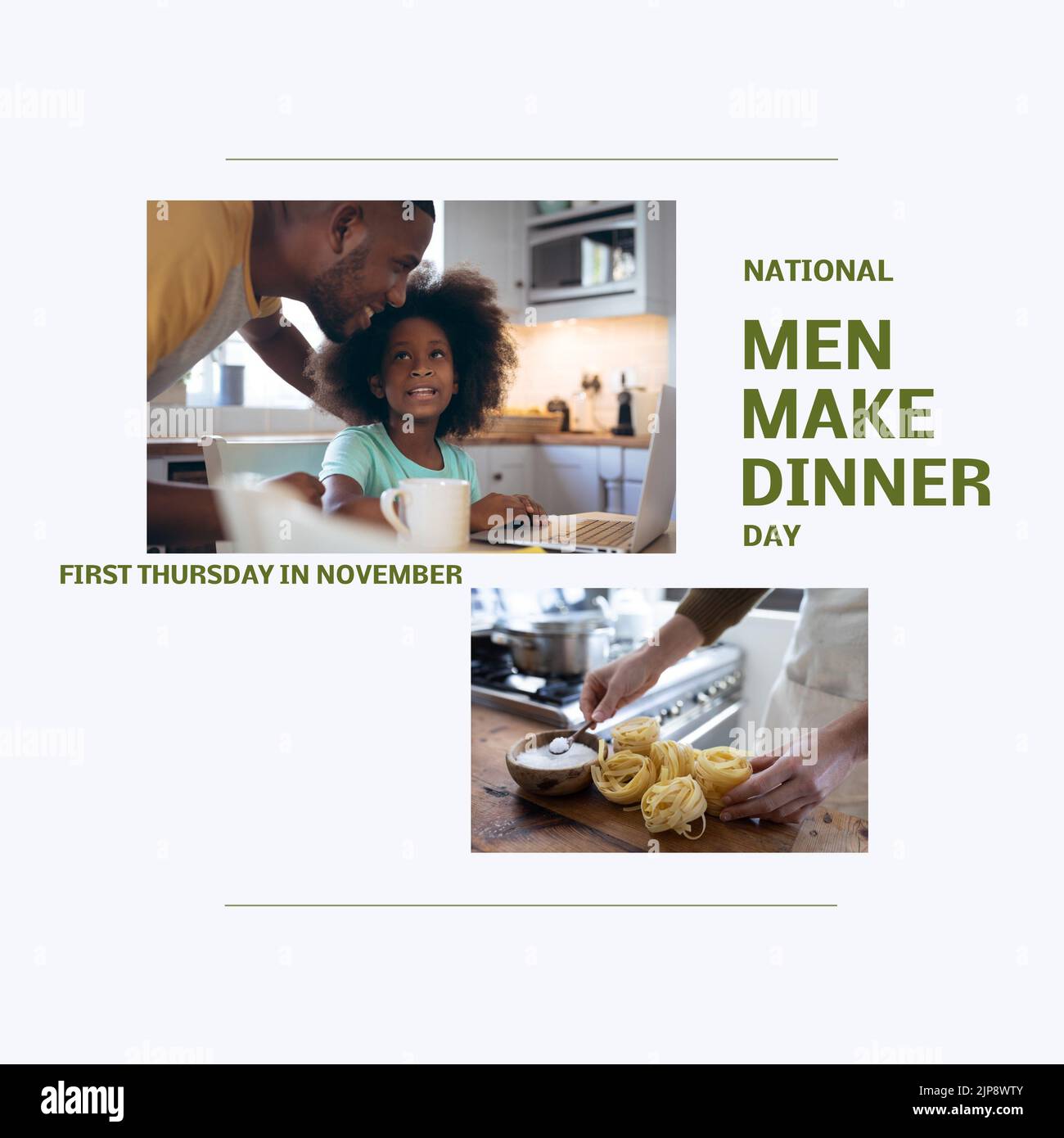 Composizione di uomini nazionali fare il testo del giorno della cena sopra l'uomo afroamericano e sua figlia Foto Stock