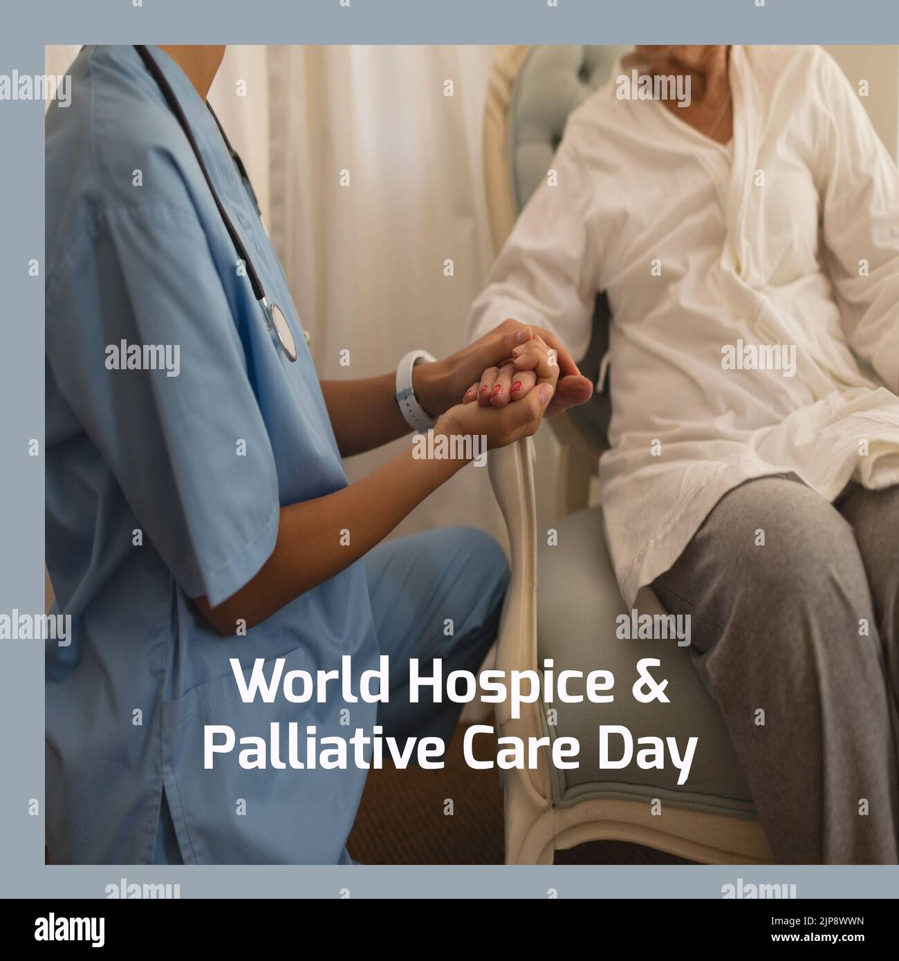 Composizione del testo mondiale dell'ospizio e della giornata di cura palliativa sul medico con il paziente che tiene le mani Foto Stock