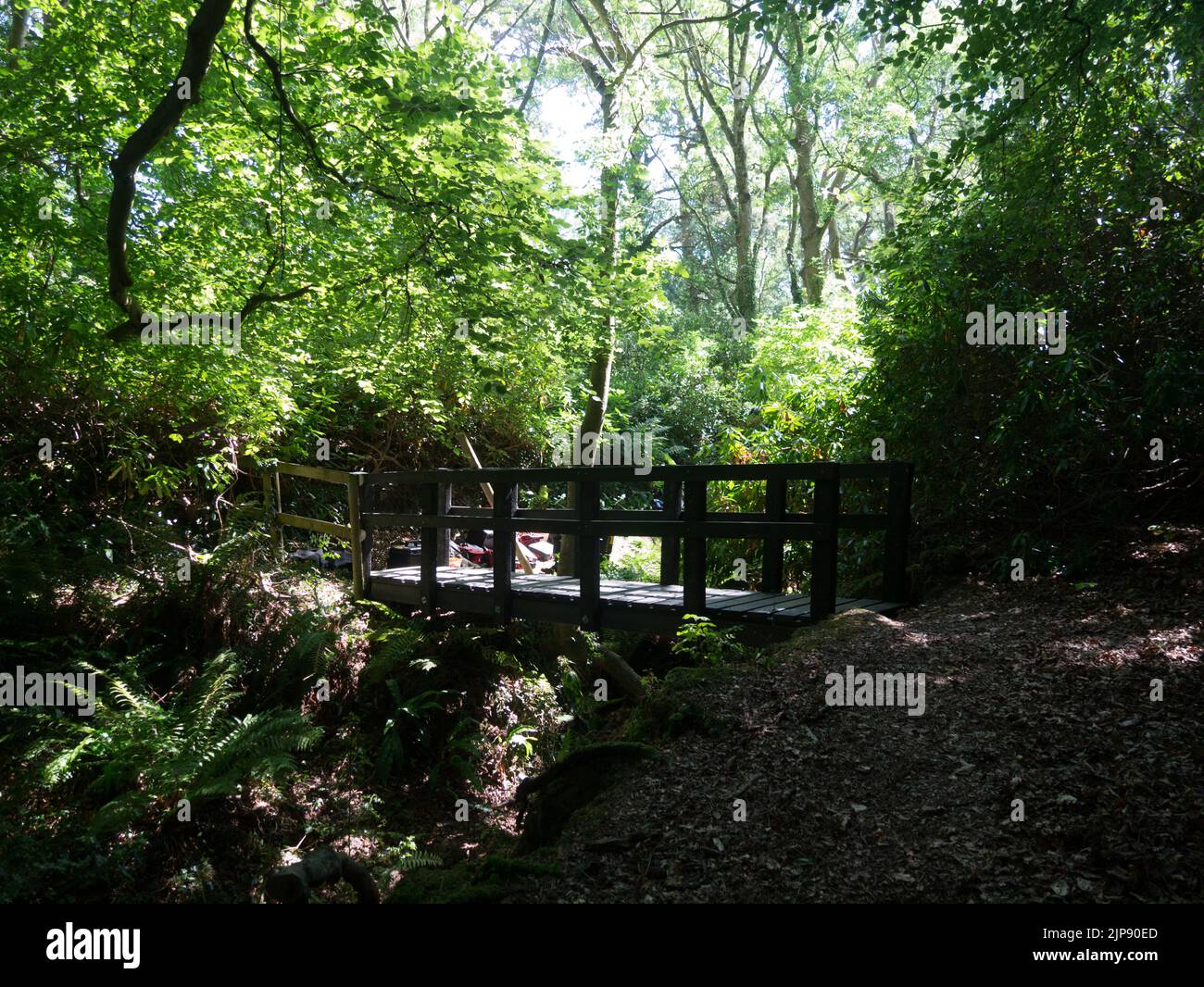 Nuovo ponte su un sentiero pubblico realizzato con barriera autostradale riciclata e sacchetti di plastica nera riciclata rinforzati con acciaio Foto Stock