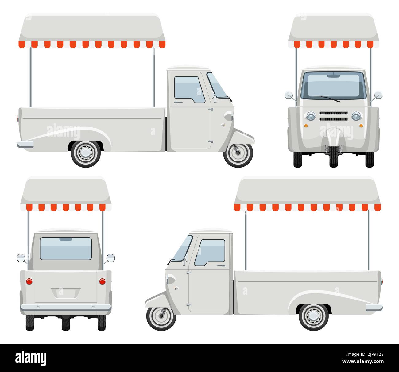 Modello vettoriale per carrello alimentare triciclo con colori semplici senza sfumature ed effetti. Vista laterale, anteriore, posteriore Illustrazione Vettoriale