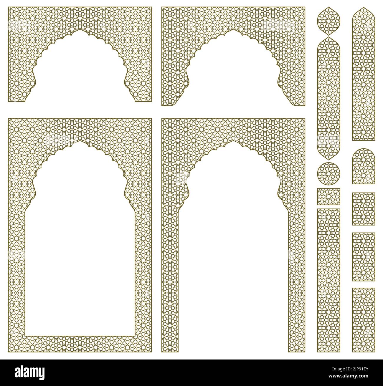Archi, cornici ed elementi di design aggiuntivi. Ornamento geometrico arabo. Colore marrone. Illustrazione Vettoriale
