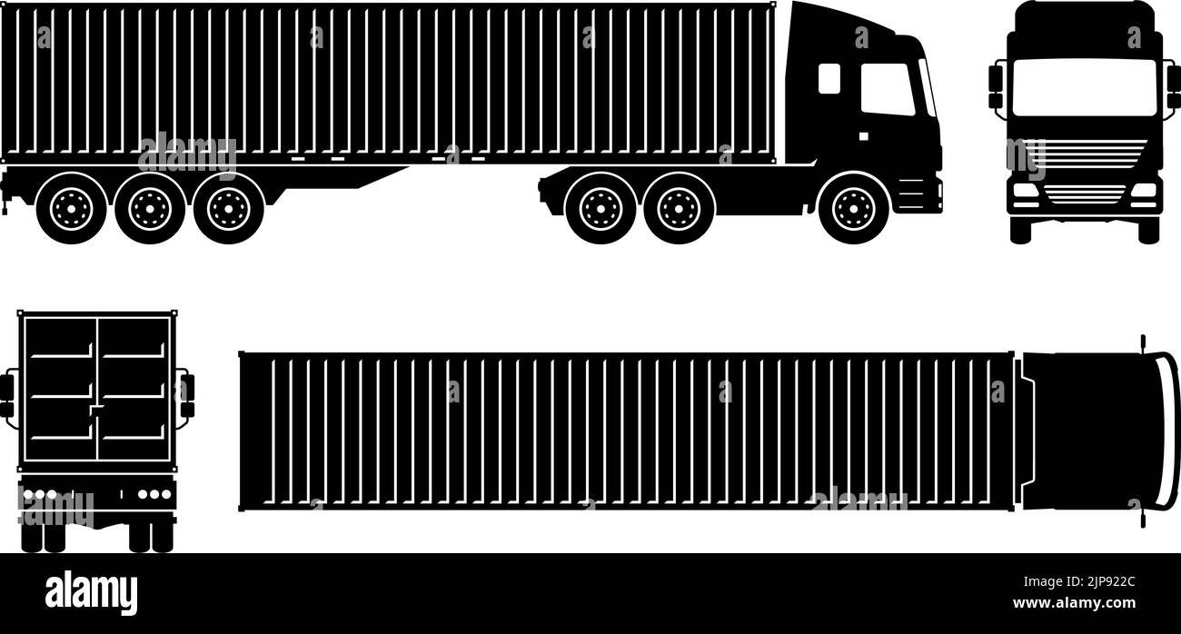 Silhouette del camion dei container su sfondo bianco. Le icone monocromatiche del veicolo consentono di impostare la vista laterale, anteriore, posteriore e superiore Illustrazione Vettoriale