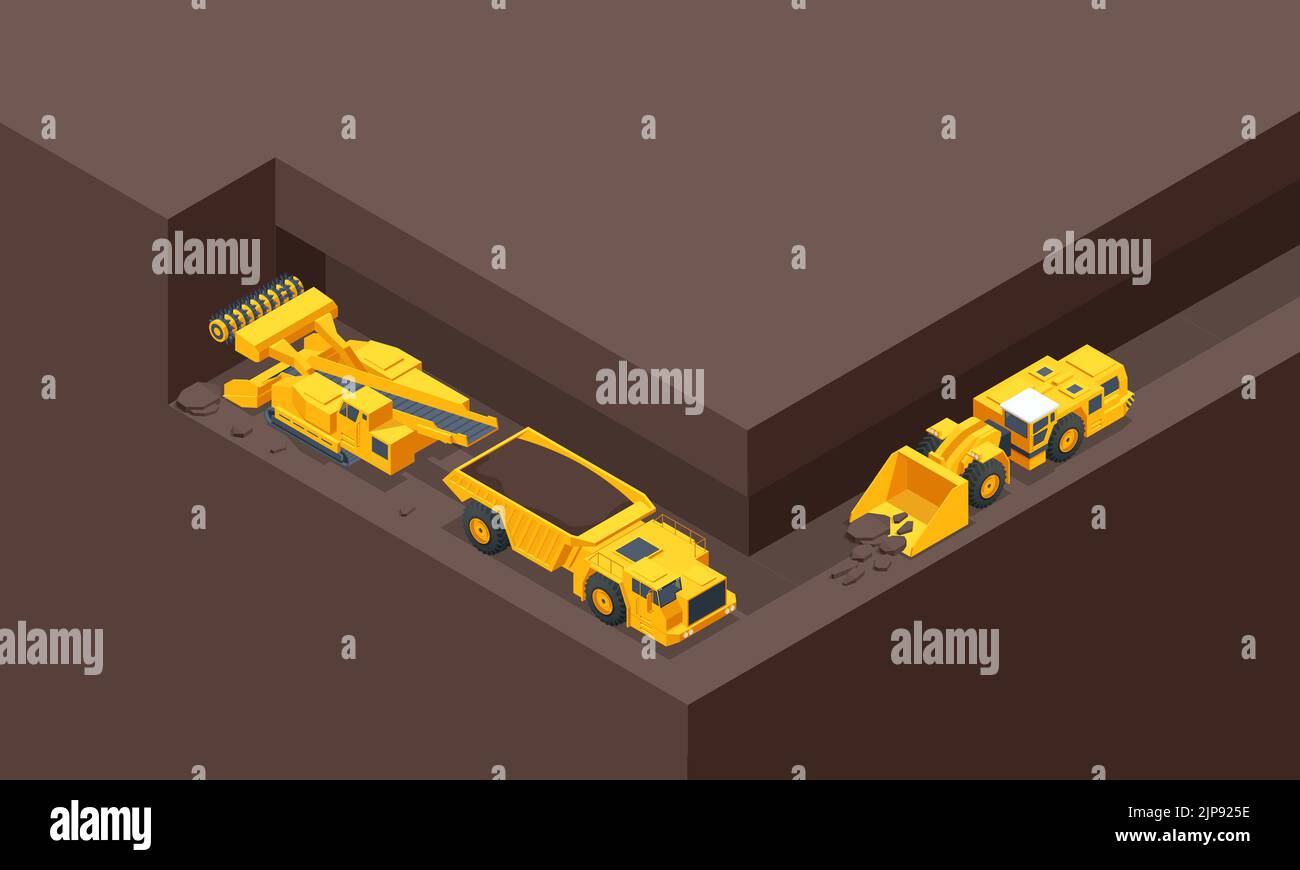 Macchina isometrica per l'estrazione del carbone. Il camion sotterraneo è un camion sotterraneo di 20 tonnellate metriche per le operazioni sotterranee di piccola e media scala e. Illustrazione Vettoriale