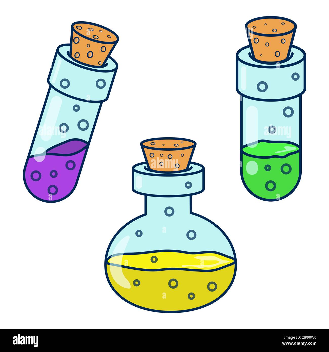 Set di semplici illustrazioni vettoriali isolate di diverse forme colorate pozioni bottiglie in vetro con bolle su sfondo bianco. Test di chimica scientifica Illustrazione Vettoriale