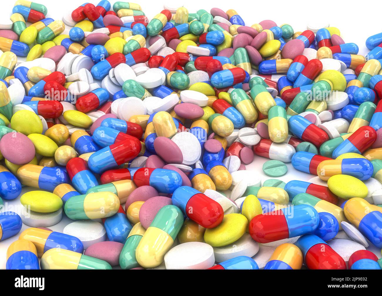 Diverse pillole e capsule poste su un tavolo, senza profondità di campo, stampabili in A2 (7016x4961) a 300 dpi Foto Stock