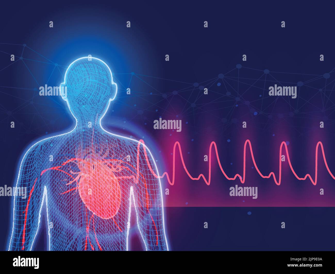 Ai Medical Concept con Virtual Human, cuore circolatorio Sysrem, futuristico Medical Concept, Blockchain background. Illustrazione Vettoriale