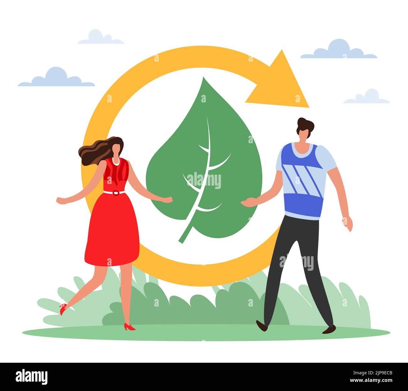 Conservazione sostenibile ambiente forestale verde. Circolazione delle risorse, riciclaggio dei rifiuti, uomo e donna con foglia e simbolo di riciclaggio, ecocompatibile Illustrazione Vettoriale