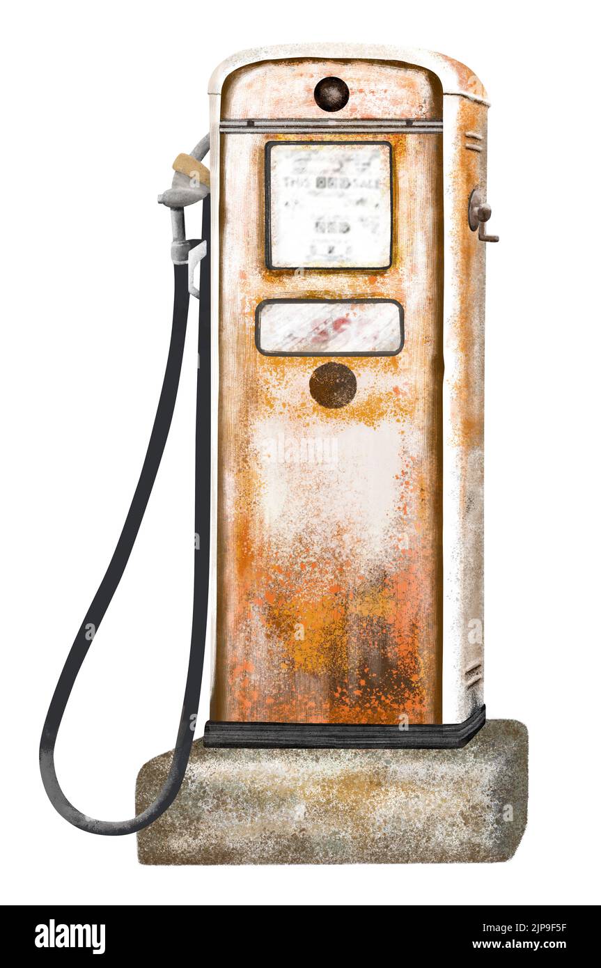 Immagine di una pompa di benzina vintage arrugginita e martoriata su un fondo bianco Foto Stock