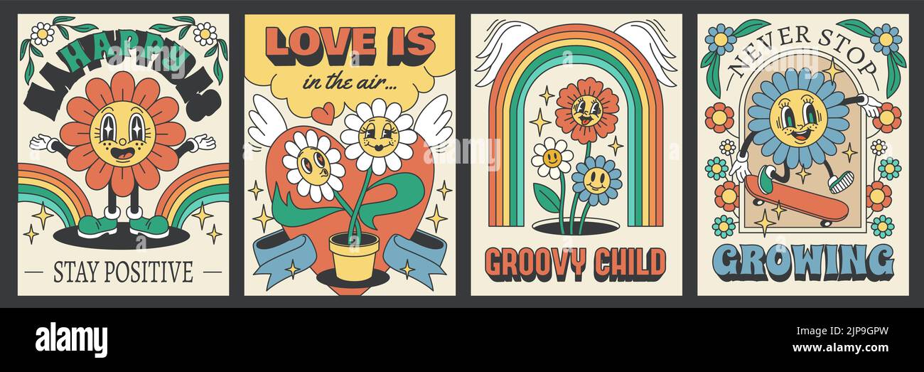Poster di fiori grovy daisy. Chamomiles psichedelici con frasi, volti retrò, raccolta di carte hippie 70s, arcobaleni ed elementi botanici Illustrazione Vettoriale